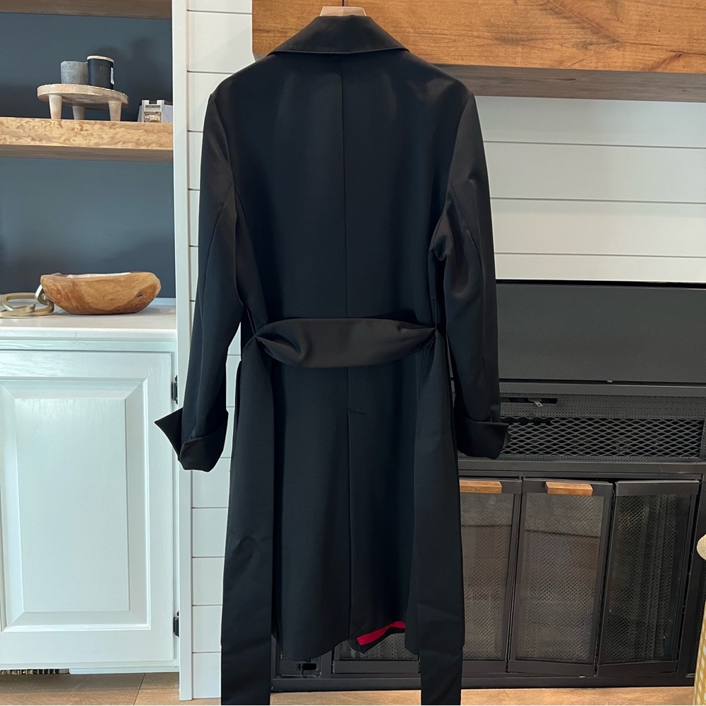 Talbots Satin Full Length Trench Coat French Cuffs Wide Belt XL Black Lined - Picture 2 of 14